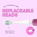 Close-up of a white Frida electric toothbrush replacement head on a pink background with replaceable heads graphic text