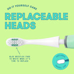 Illustration of a replaceable toothbrush head with arrow and note about blue bristles fading to white when replacement is needed