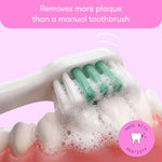 Foamy toothbrush bristles with green indicator tufts brushing a set of teeth, promotional plaque about plaque removal