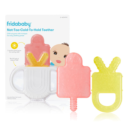 FridaBaby teether product packaging with white handle base and two colorful gel insert shapes displayed in front