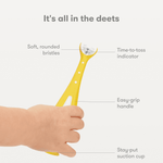 Yellow toothbrush held by a child with labeled callouts pointing to bristles, grip, time-to-toss and suction cup