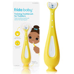 Yellow Frida Baby toddler training toothbrush on blister card packaging with illustrated child