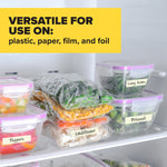 Refrigerator shelf with labeled containers and stacked bags of vegetables, banner reads versatile for use on plastic, paper, film, and foil.