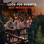 Group of four people leaning on a deck railing at sunset under string lights with headline urging enjoying sunsets not mosquitoes.