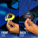 Split image showing front and back of helmet-shaped air freshener held by hands, labeled 'Front Side' and 'Back Side'