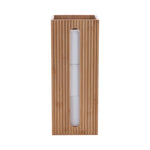 Front-facing bamboo toilet paper reserve with ribbed texture and a narrow vertical window revealing a roll inside