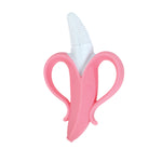 Front view of a pink Nuby NanaNubs banana massaging toothbrush with white textured tip