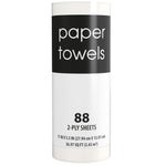 Front view of a white paper towel roll with a black top band reading “paper towels” and “88 2-ply sheets” text