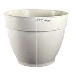 Front view of a cream plastic planter with a vertical measurement overlay indicating height on a white background.