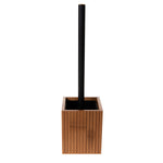 Front view of a square bamboo toilet brush holder with black handle centered on white background