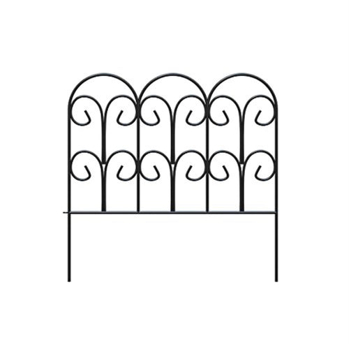 Front view of a decorative black metal garden edging panel with scroll motifs and two stakes
