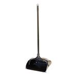 Front-facing product image of a black upright dustpan with long handle on a plain white background.