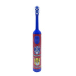 Front-on view of Equate Transformers kids electric toothbrush in red and blue featuring Optimus and Bumblebee faces on the handle