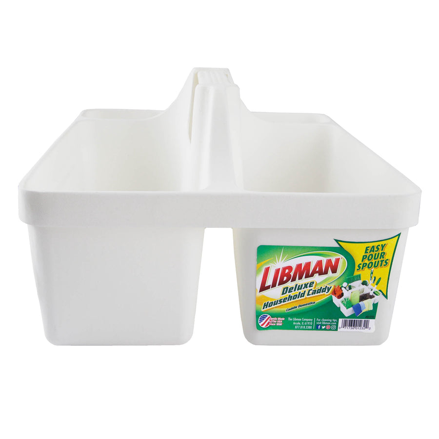 Front view of a white Libman caddy showing product label on the front right compartment against a white background
