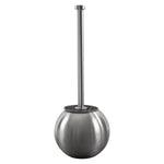Front view of stainless steel globe toilet brush holder with long stainless handle and black inner collar