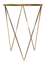 Front view of a tall gold metal plant stand with crossed wire legs on white