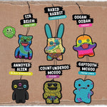 Illustrated card showing six assorted Fuggler air freshener character designs with names and scent labels on a kraft background.