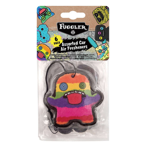 Packaged Fuggler car air freshener in clear blister pack showing a rainbow-striped monster with button eyes and tongue out.
