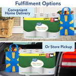 Lifestyle composite showing Great Value Ultra Strong paper towels pack staged for home delivery and store pickup scenarios with reusable bag.