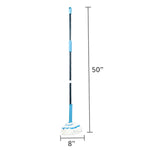 Full-length product shot of a microfiber twist mop with dimensions indicated, showing handle and mop head