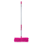 Full-length silver mop handle with magenta grip and magenta chenille mop head on white background