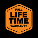 Orange badge-style graphic on black background reading 'FULL LIFE TIME WARRANTY'.