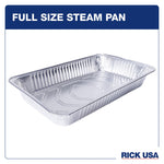 Single empty full-size disposable aluminum steam pan on white background with header text 'FULL SIZE STEAM PAN' and RICK USA logo