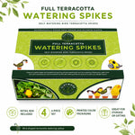 Printed retail box for full terracotta watering spikes with green packaging and product branding shown on a white background
