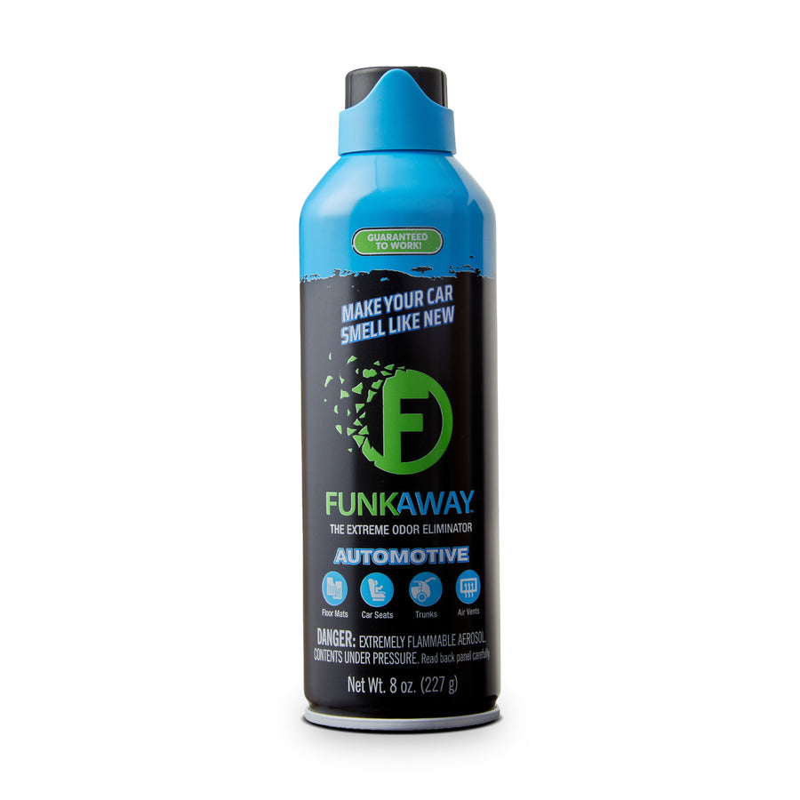 Blue-and-black Funkaway Automotive aerosol can photographed upright on a white background, front label visible.