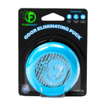 Funkaway blue circular odor-eliminating puck in blister card packaging with black branded backing
