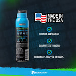 Rear view of a FunkAway aerosol can beside a “Made in the USA” badge and checkmarks describing product claims