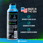 Rear view of a FunkAway aerosol can beside bold text and icons stating instantly clears the air and made in the USA.