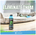 Lifestyle-style image of a FunkAway spray can placed on a floor in front of a pet bed with headline 'Eliminate Them'