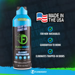 FunkAway closet refresher can with 'Made in the USA' badge and checklist of product benefits