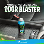 FunkAway Automotive aerosol can placed on a car console with bold headline text advertising odor blaster.