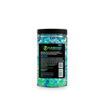 Rear view of a clear jar of blue and green FunkAway odor-eliminating beads showing product label and directions.