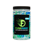 Clear jar of blue and green FunkAway odor-eliminating gel beads with black label and screw lid on white background.