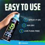 Hand spraying a FunkAway aerosol can with large “Easy to Use” headline and three-step spray, air dry, live funk free instructions.