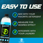 Instructional graphic for FunkAway showing a tilted bottle and three steps for easy use against green-blue background