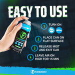 Hand holding a FunkAway aerosol can alongside step-by-step usage instructions and numbered icons.