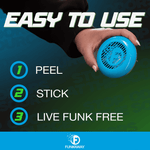 Instructional graphic showing hand holding a blue puck with steps '1 Peel 2 Stick 3 Live Funk Free' and 'Easy to Use' headline