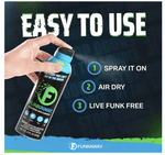 Promotional graphic showing a hand spraying a FunkAway aerosol with usage steps and bold 'Easy to Use' text