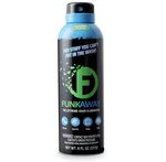 Tall aerosol can of FunkAway Extreme Odor Eliminator with blue cap and green logo on white background
