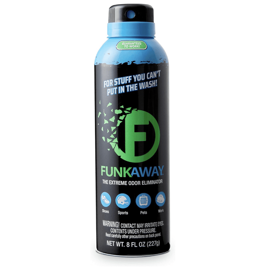 Tall aerosol can of FunkAway Extreme Odor Eliminator with blue cap and green logo on white background