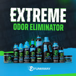 Promotional image with the headline 'Extreme Odor Eliminator' and a lineup of multiple FunkAway product packages.