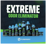 Promotional banner reading 'Extreme Odor Eliminator' with a row of various FunkAway product bottles lined up at bottom
