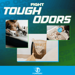 Promotional graphic with headline 'Fight Tough Odors' showing laundry basket, baby and puck-in-hamper images