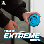 Hand holding a blue Funkaway puck over a surface with bold 'Fight Extreme Odors' text overlay
