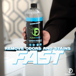 Lifestyle image of a hand holding a FunkAway Laundry Booster bottle above a washing machine with bold text “FAST”