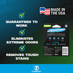 Back-of-pack promotional graphic with 'Made in the USA' flag and checklist claims beside puck packaging back view